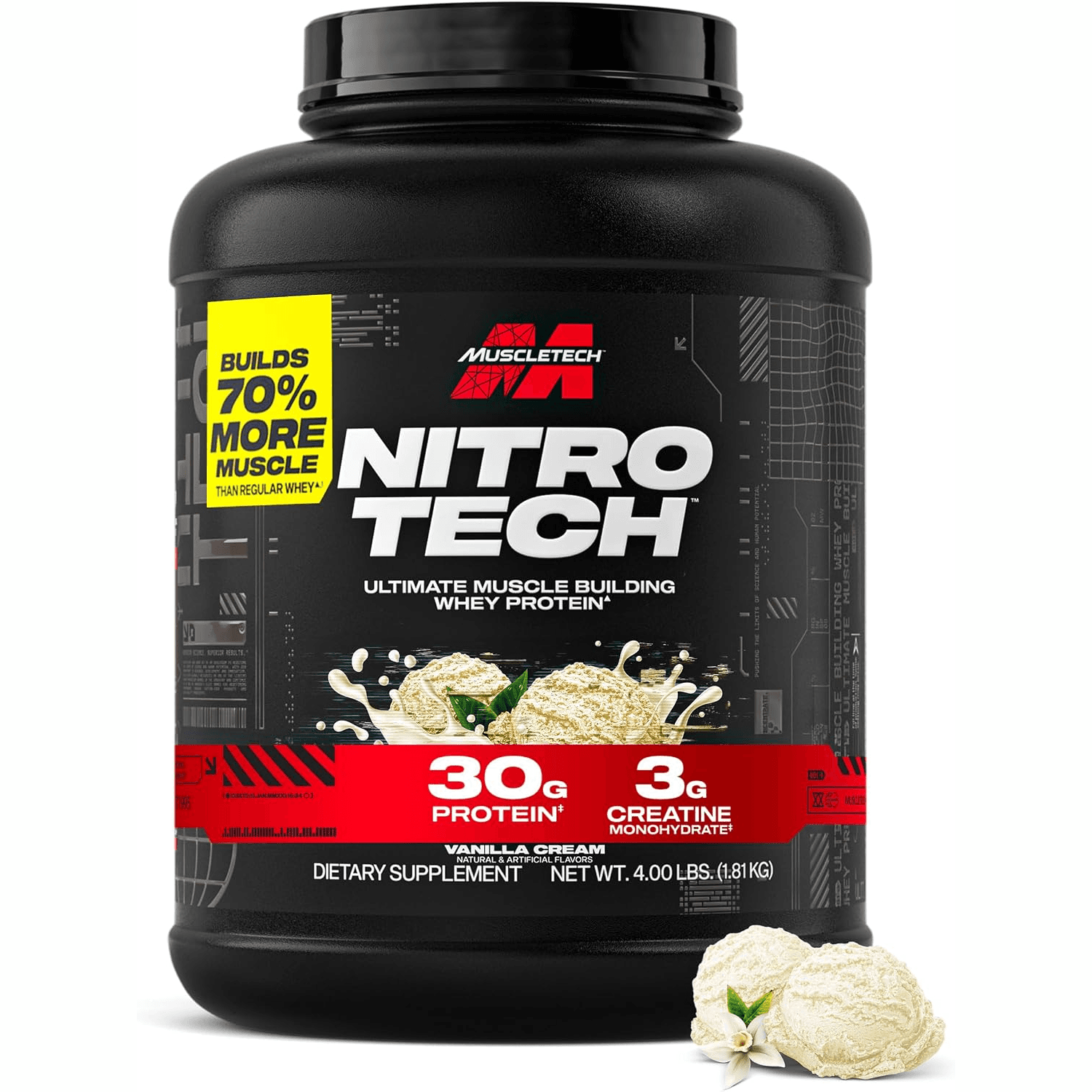 MuscleTech Nitro-Tech Whey Protein Powder, Vanilla Cream, 4 lbs with 30g protein and 3g creatine