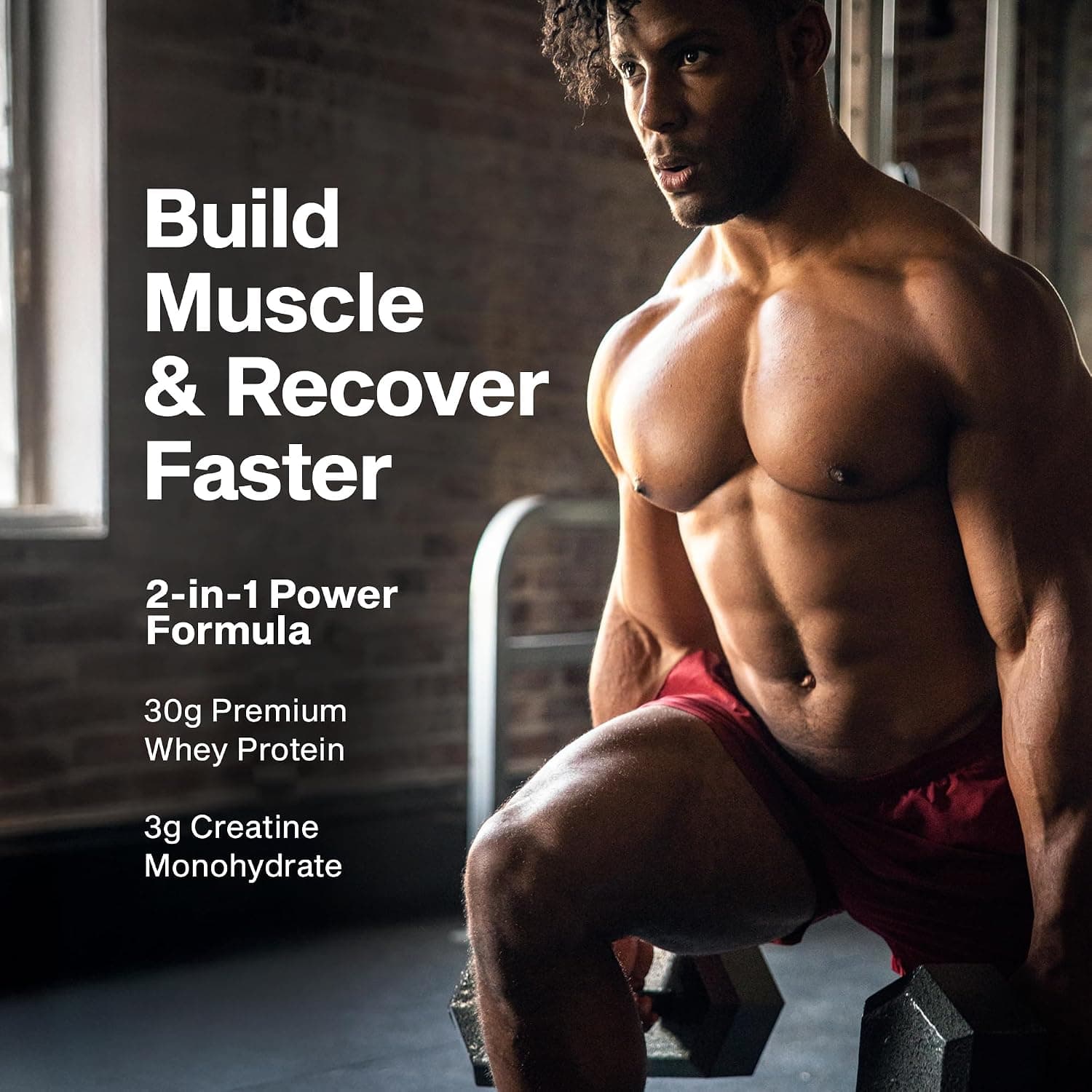 Athlete resting between sets with text highlighting 2-in-1 power formula with 30g premium whey protein and 3g creatine monohydrate