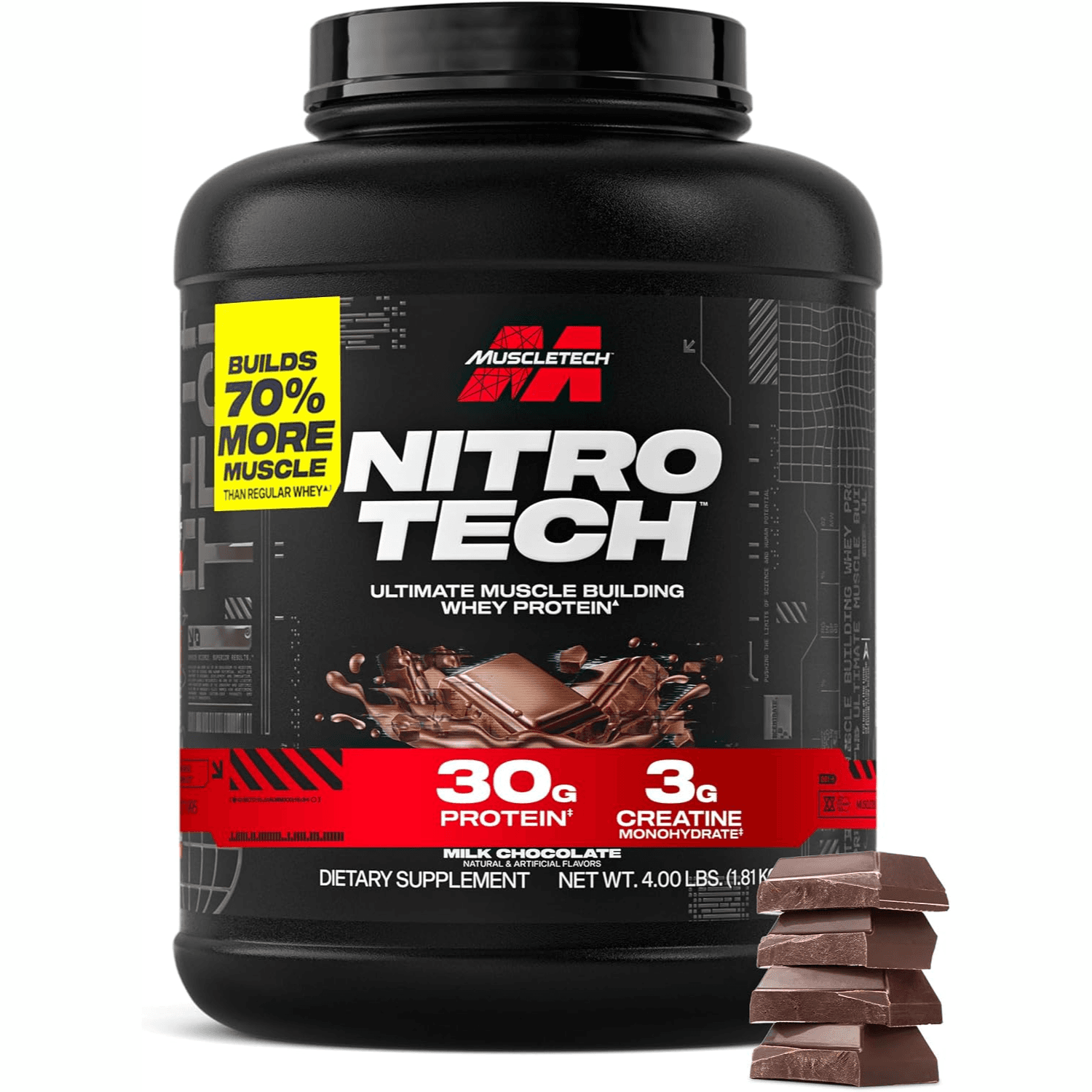 MuscleTech Nitro-Tech Whey Protein Powder, Milk Chocolate, 4 lbs with 30g protein and 3g creatine