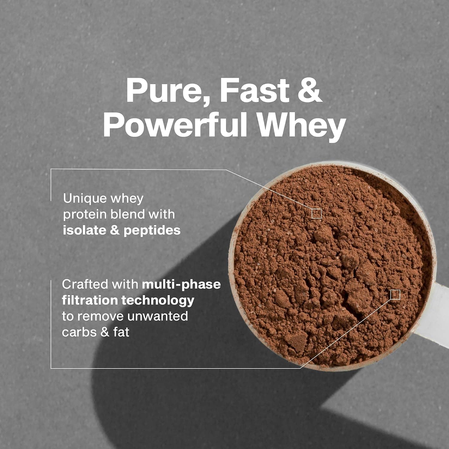Scoop of MuscleTech Nitro-Tech chocolate protein powder showing whey protein blend with isolate and peptides, crafted with multi-phase filtration technology