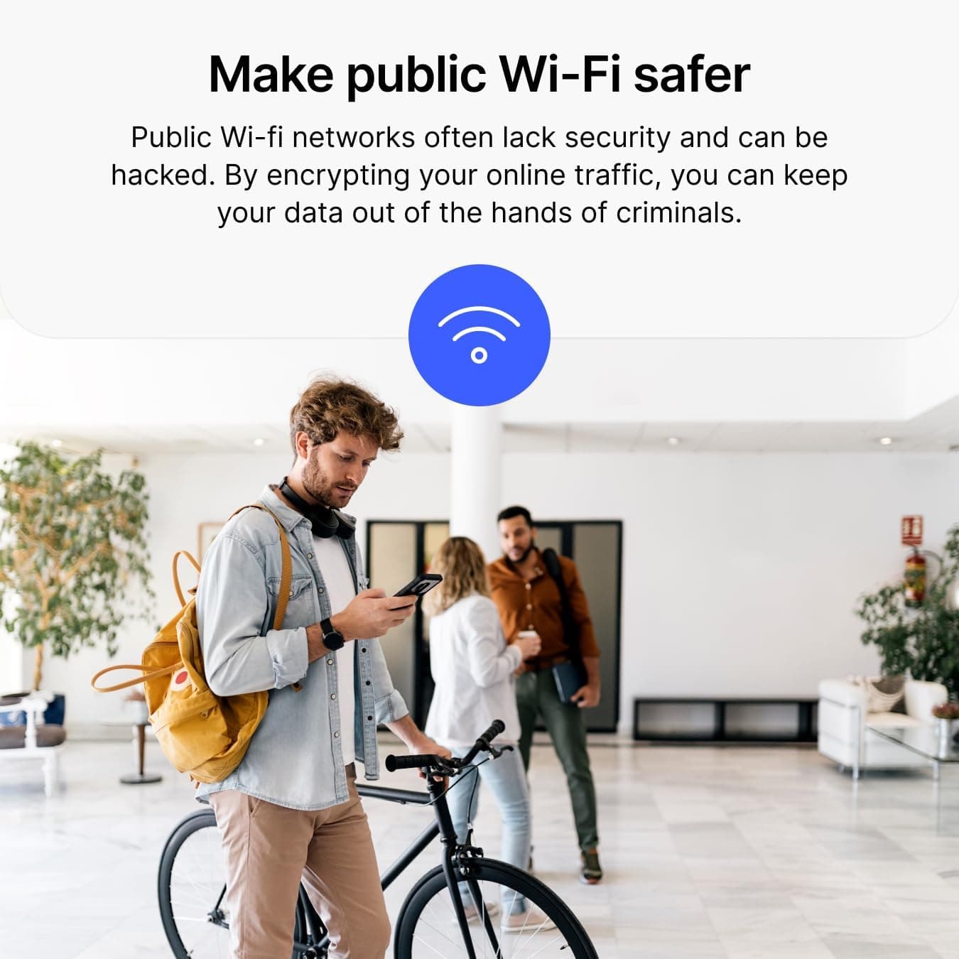 Product graphic explaining that a VPN can make public Wi-Fi safer by encrypting online traffic