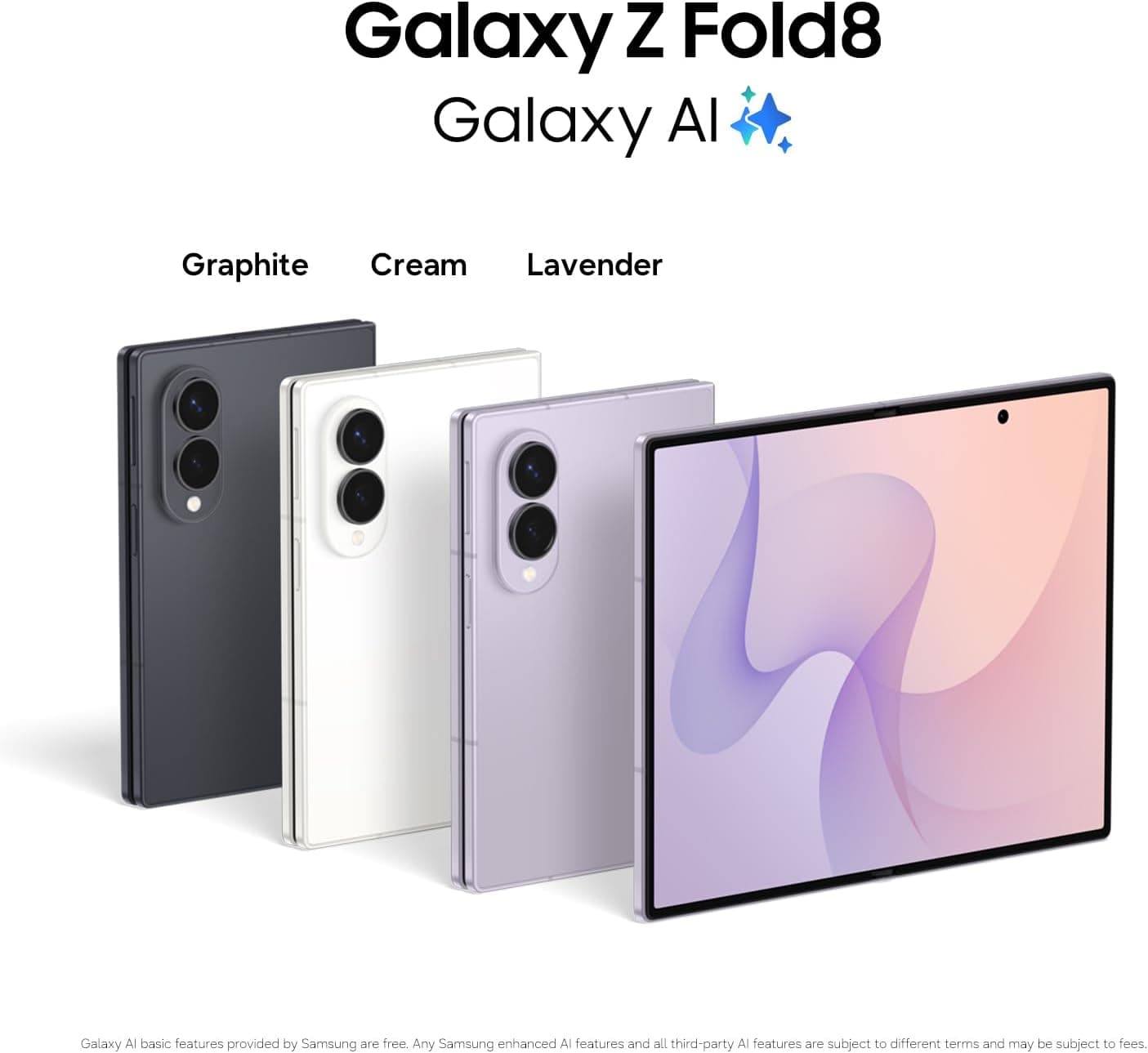 Samsung Galaxy Z Fold8 in all three colors: Graphite, Cream, and Lavender with Galaxy AI branding