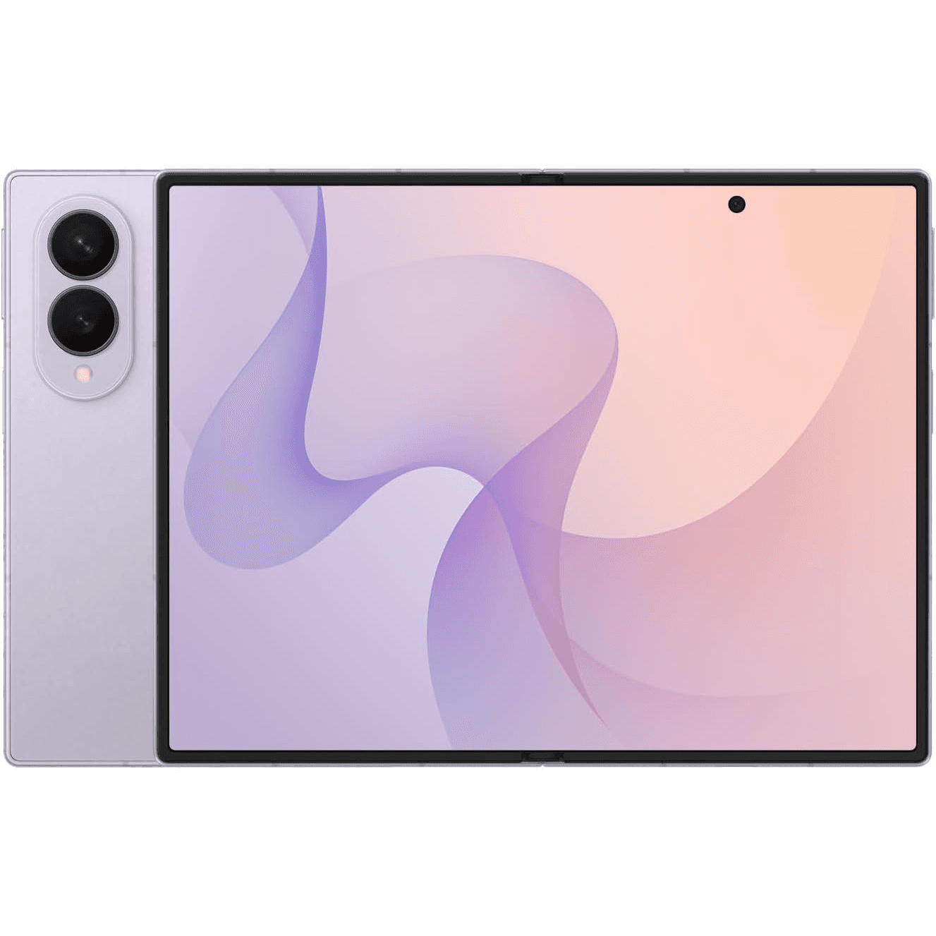 Samsung Galaxy Z Fold8 in Lavender, unfolded showing the 7.6-inch display and dual 50MP camera system