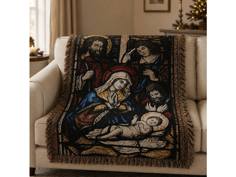 Stained Glass Nativity Tapestry Blanket - Image 1