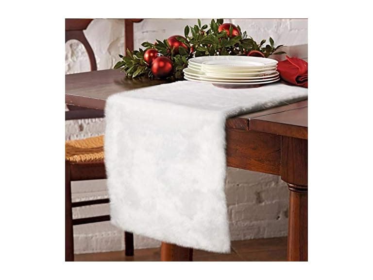 OurWarm Luxury Christmas Table Runner Snowy White Faux Fur - Image 1