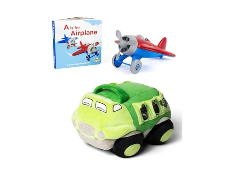 Green Toys Recycle Truck Plush & Airplane Board Book Bundle - Image 1