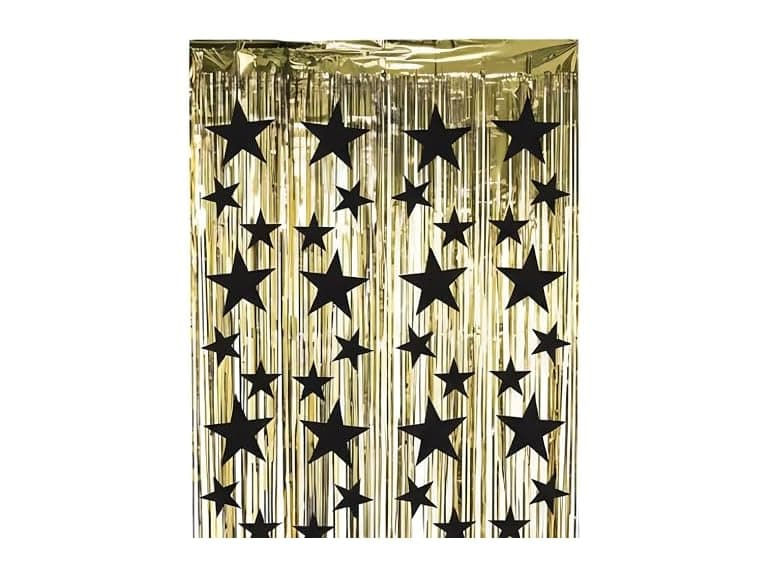 Gold Metallic Fringe Door Curtain with Black Stars - Image 1
