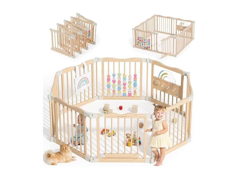 Foldable Wooden Playpen - Adjustable Wood Baby Play Yard with Child-Proof Lock, Indoor Large Safety Fence for Babies and Toddlers - Easy Assembly, 55 x 55 x 24 inches, Rainbow Dream, Natural (Open Box) - Image 1