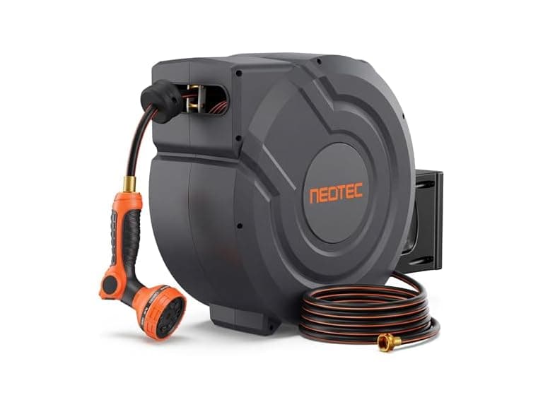 NEOTEC Retractable Garden Hose Reel 1/2 inch x 100ft, Heavy Duty Hose Reel 9-Pattern Nozzle, Auto Lock & Slow Return System, 180° Swivel Bracket (Open Box) - Image 1