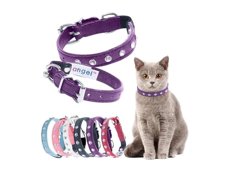 Athens Cat Collar, Leather Kitten Collar w/Rhinestones - Image 1