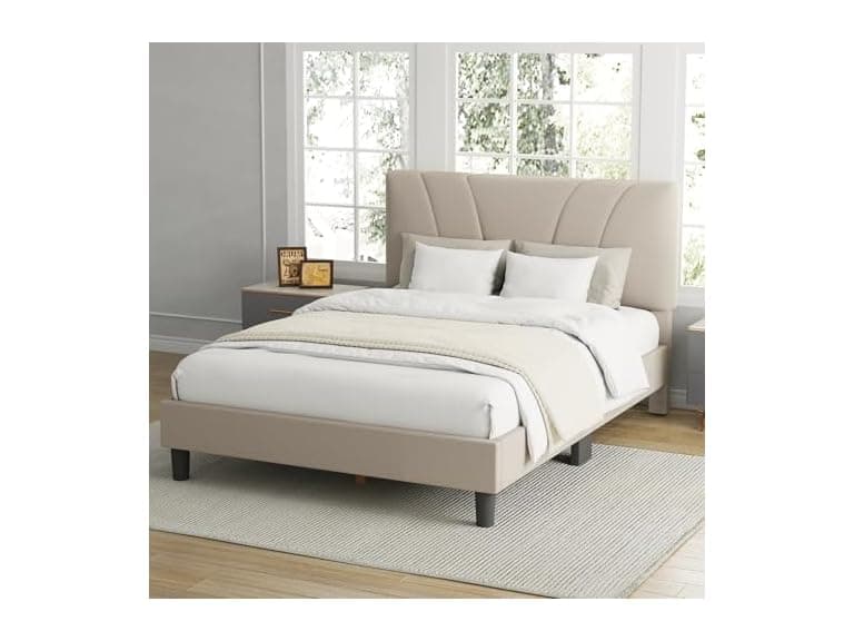 Avenco Queen Upholstered Bed Frame Beige - Image 1