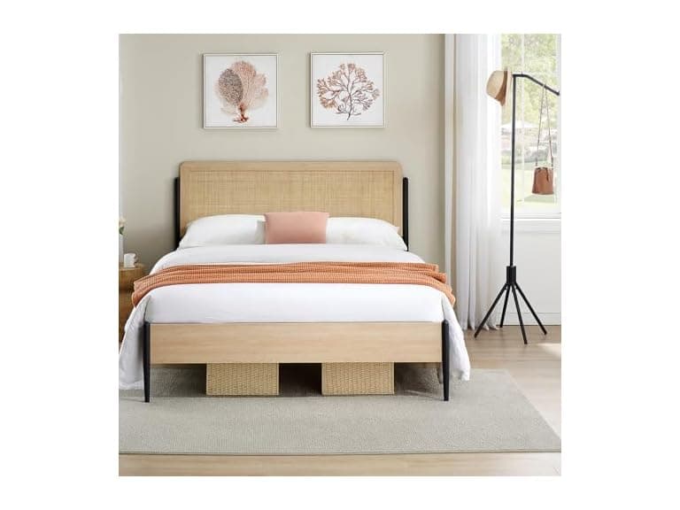 Queen Boho Bed Rattan Headboard Wood Oak - Image 1