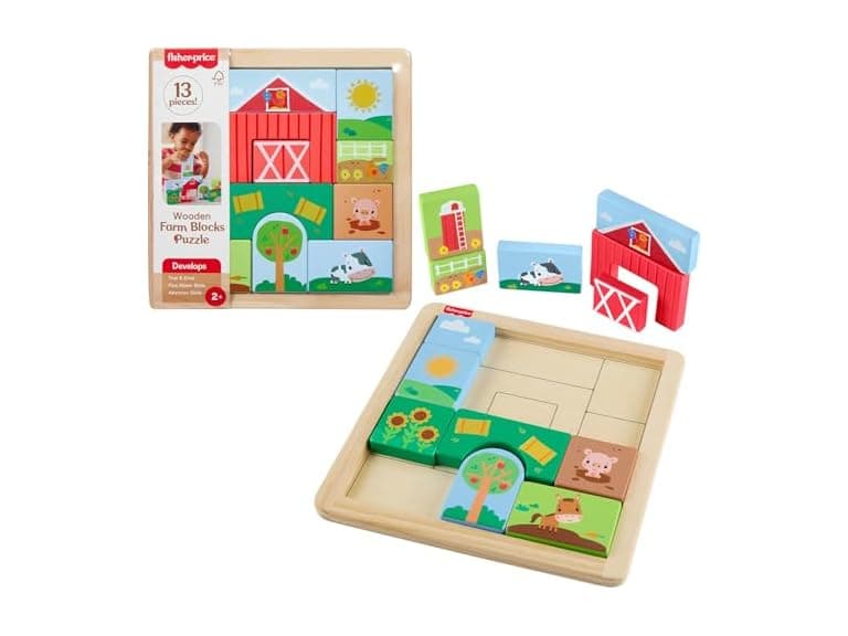 Fisher-Price Wood Toddler Toy Farm Blocks Puzzle - Image 1