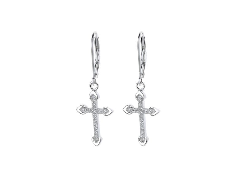 18K White Gold Leverback Cross Earrings - Image 1