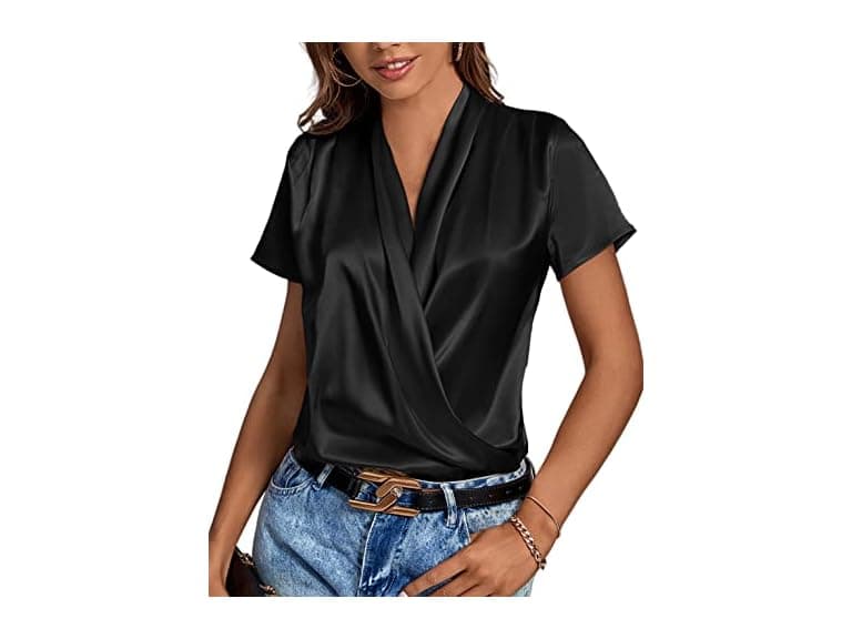 Lyaner Women (XL) Satin Silk Wrap V Neck Short Top - Image 1