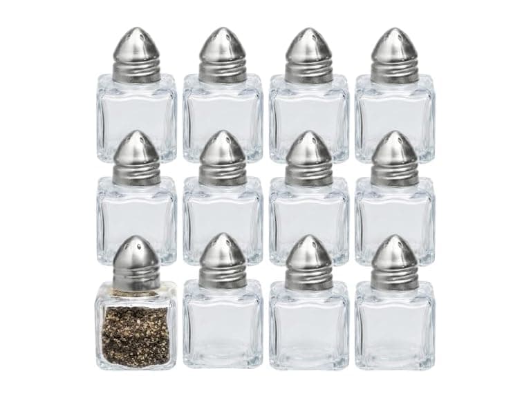 Fun Express 1 3/4" 0.5 oz. Mini Salt & Pepper Glass Shakers - 12 Pieces - Image 1