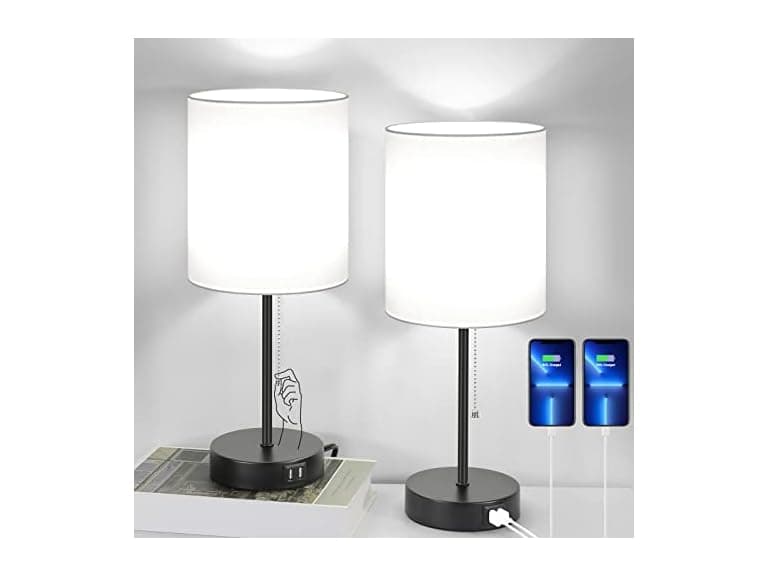 Bosceos Table Lamps with White Shades and USB Charging Ports, 2PK - Image 1