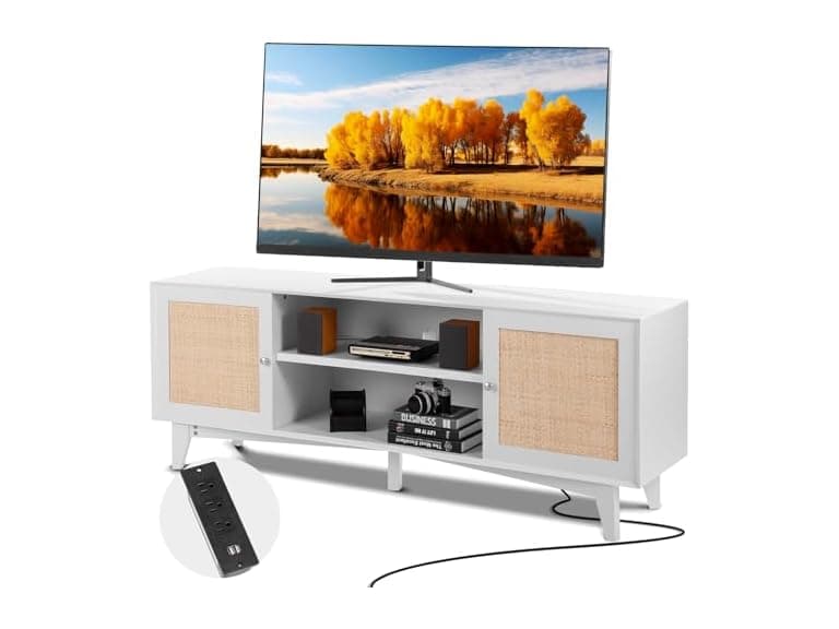 Rattan TV Stand for 75in TV, Boho TV Stand with - Image 1