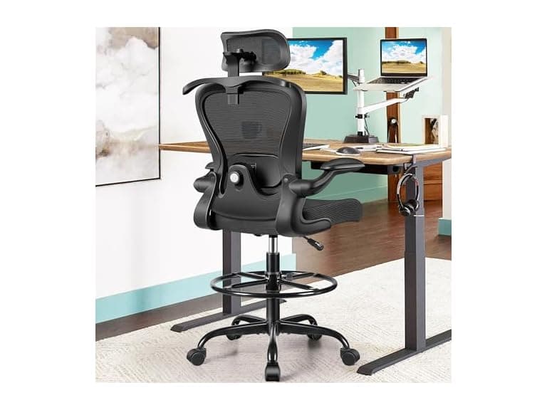 Drafting Chair, Tall Office Chair with 3D Lumbar & Head Support, Ergonomic Mesh Standing Desk Chair with Footring, Comfy Extended High Desk Chair with Flip-Up Arms & Hanger,Black (Open Box) - Image 1