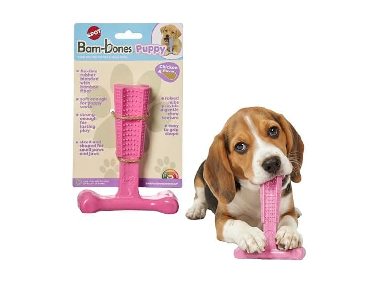 SPOT Bam-Bones Puppy T-Bone Dog Chew Toy, Chicken, Pink - Image 1