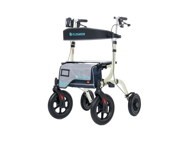 ELENKER All-Terrain Rollator Walker with Seat, Outdoor Rolling Walker, 12” Non-Pneumatic Tire Front Wheels, Compact Folding Design for Seniors, Champagne (Open Box) - Image 1