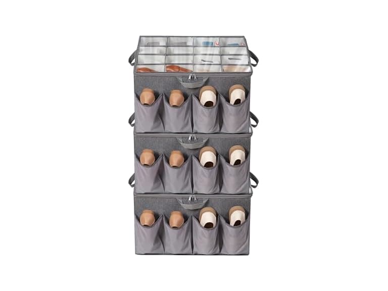 Fabric Shoe Organizer for Closet, Grey, 3 Pack - Image 1