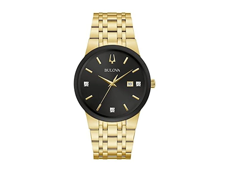 Bulova Men's Modern Gold Tone Stainless Steel 3-Hand Calendar Date Quartz Watch, Gold Tone Accents and Diamond Dial Style: 97D127 (Open Box) - Image 1