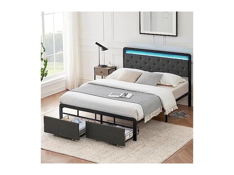 Queen Bed Frame w/ 2 Drawers, LED Light - Image 1