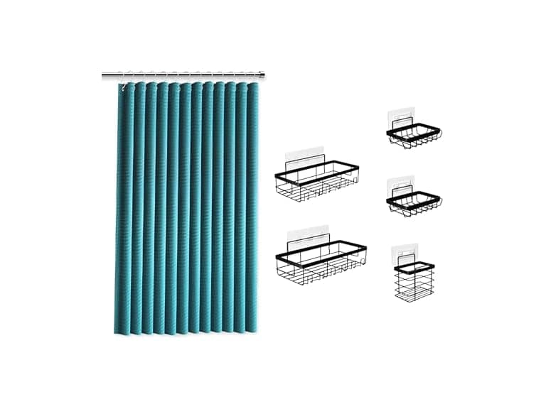 Clara Clark Teal Shower Curtain Set with Blak Caddy - Image 1