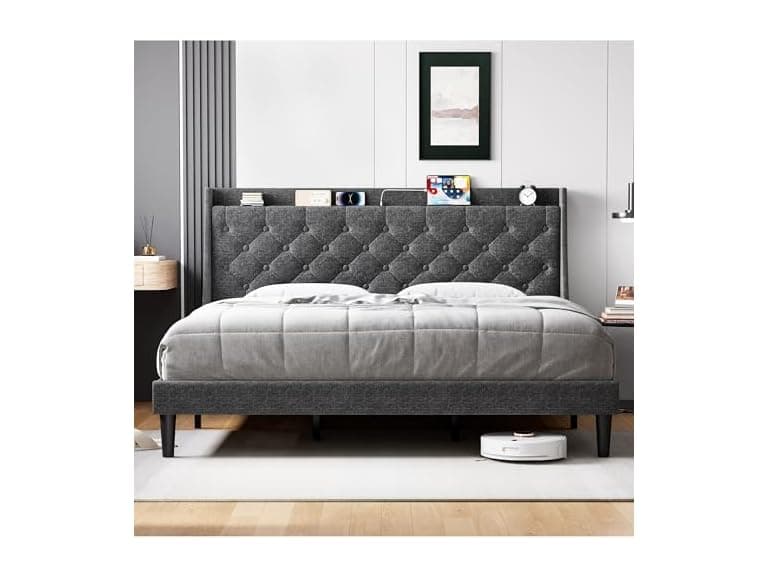 GAOMON Full Bed Frame, Charging, Grey - Image 1