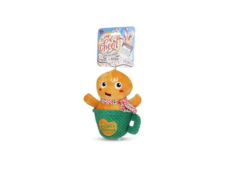 Bow Wow Pet Gingerbread Xmas Mug Squeaky Plush Dog Toy - Image 1
