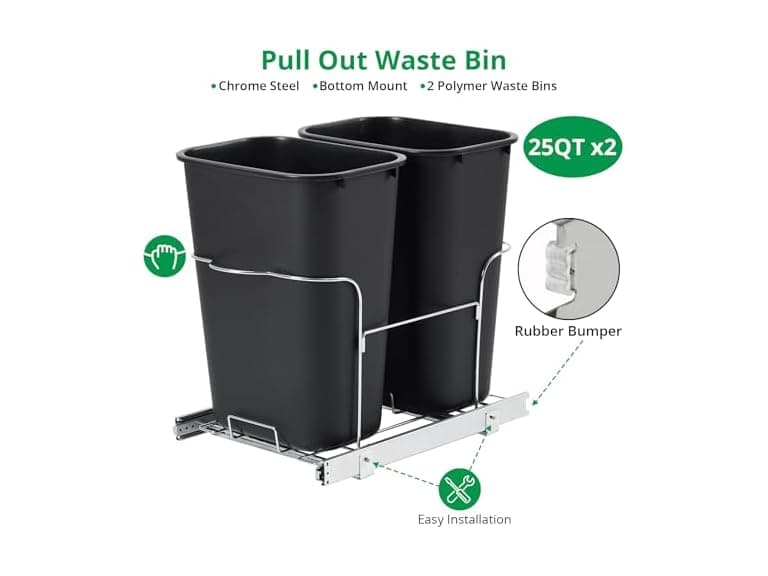 2 x 25 Quart Double Bin Pull-Out Trash Can for Under Kitchen Cabinet - Image 1