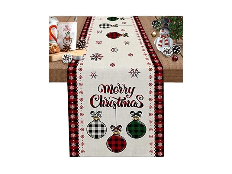 Christmas Table Runner 72 Inch Xmas Ball Buffalo Plaid - Image 1