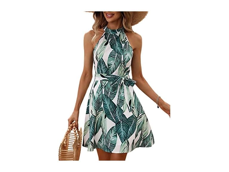 Wdirara Women Boho Tropical Halter Neck Line Dress - Image 1