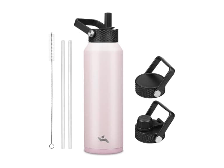 40oz Insulated Stainless Steel Water Bottle with 3 Lids,Pink - Image 1