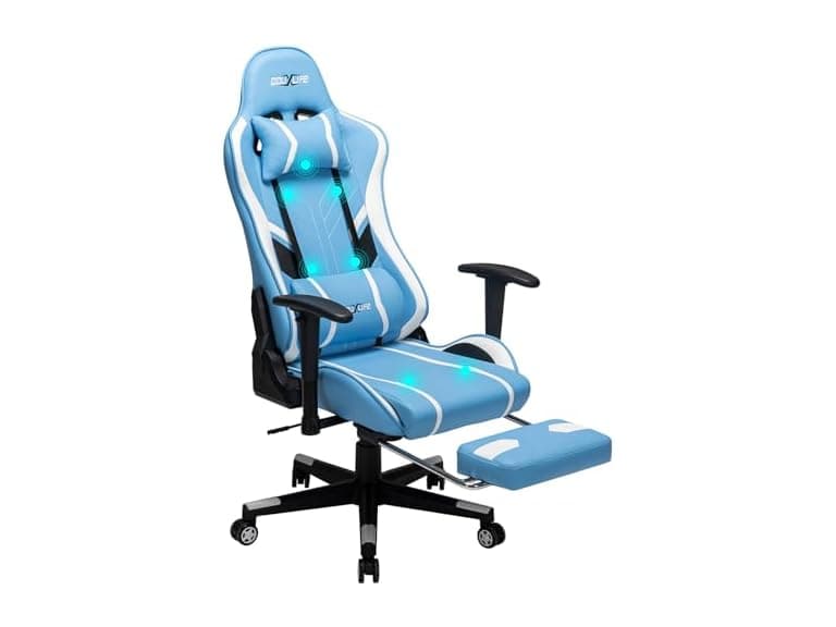 Massage Gaming Chair w/ Footrest, Blue - Image 1