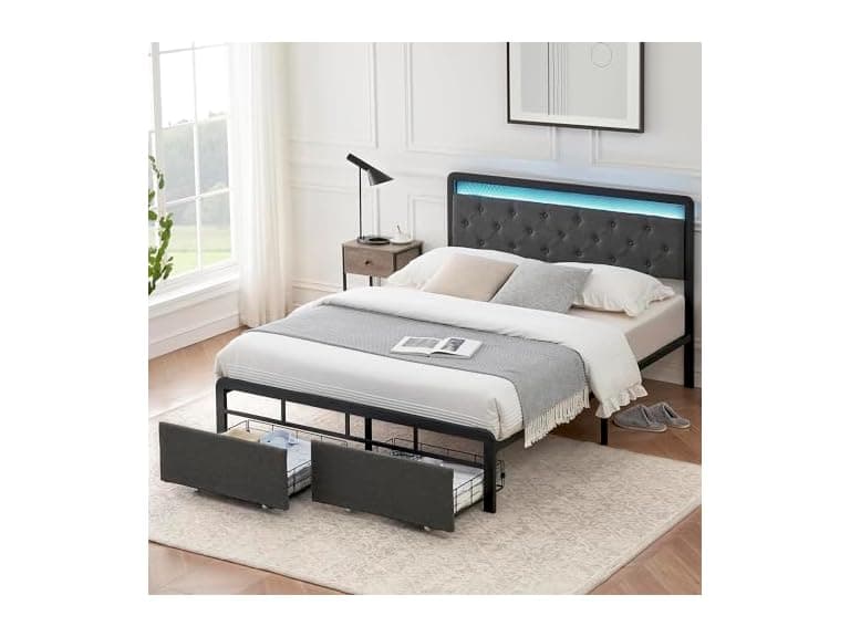 GAOMON Queen Bed w/ Drawers, LED, Grey - Image 1