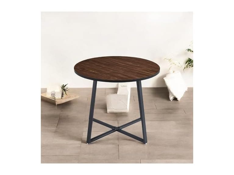 35" Round Wood Dining Table, Black Metal - Image 1