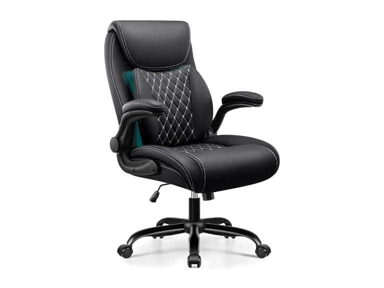 BESTFAIR Office Chair, Ergonomic Computer Desk Chairs with Lumbar Support for Lower Back Pain Relief, Executive Leather Home Chair Comfy with Padded Flip-up Armrests, Black (Open Box) - Image 1