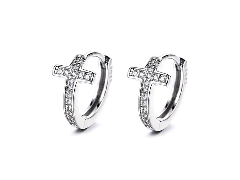 White Gold Plated Cross Huggie Earring - Image 1