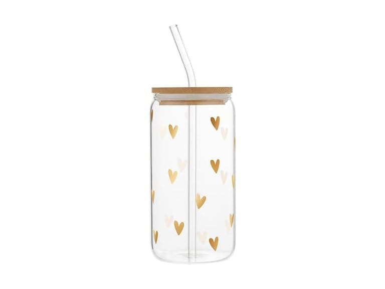 Glass Travel Tumbler Cup with Bamboo Lid and Glass Straw, 16 Fluid Ounces, Hearts - Image 1