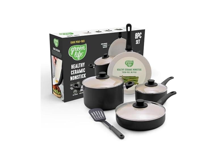 GreenLife 8pc Nonstick Cookware Set, Black - Image 1