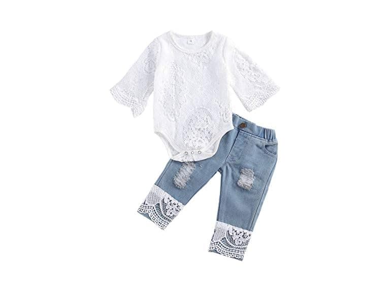 Ciycuit (0-6 MOS) Newborn Baby Girl Lace Jeans - Image 1