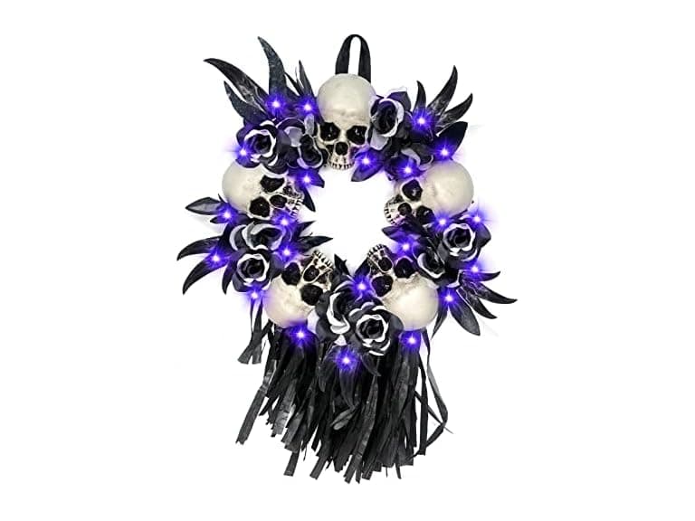 16 by 28 Inch Prelit Black Tassel Skull Halloween Wreath - Image 1