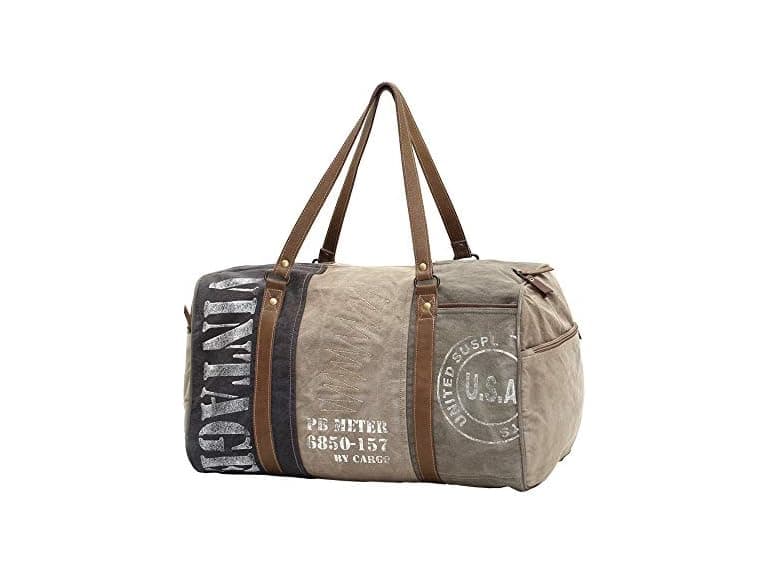 Vintage USA Travel Print Upcycled Canvas Leather Trim Duffle Bag - Image 1