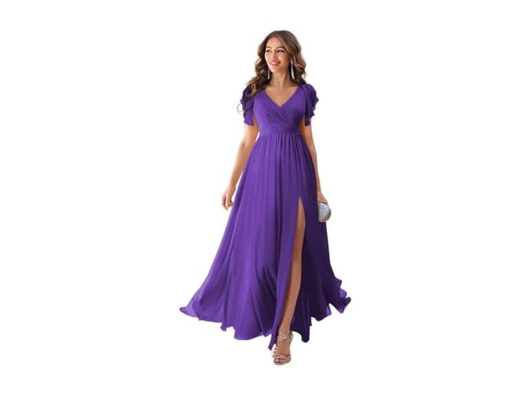 Cwoapo Women (18 Plus) Long V-Neck Chiffon Dress - Image 1