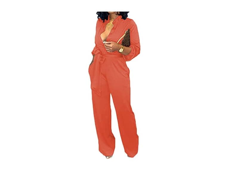 SeNight Women (3XL) V Neck Jumpsuit Long Wide Belt - Image 1