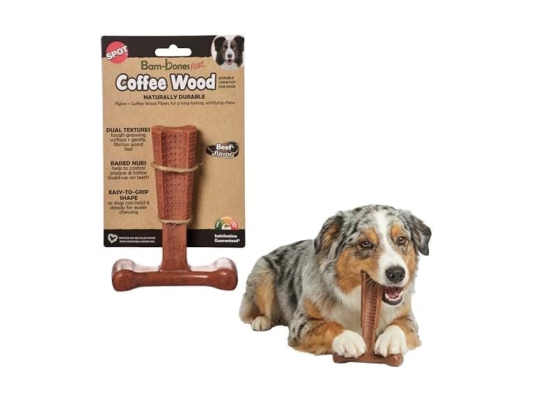 SPOT Bam-Bones Plus Coffee Wood T-Bone Dog Chew Toy, Beef - Image 1