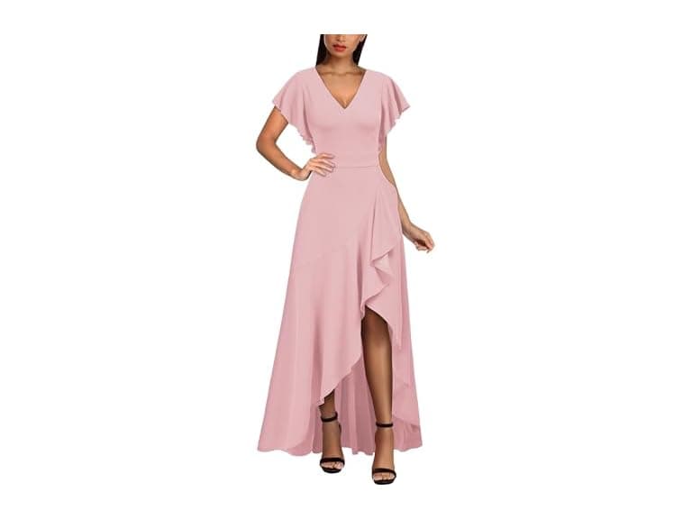 Miusol Women (M) Formal V Neck Ruffle Split Dress - Image 1