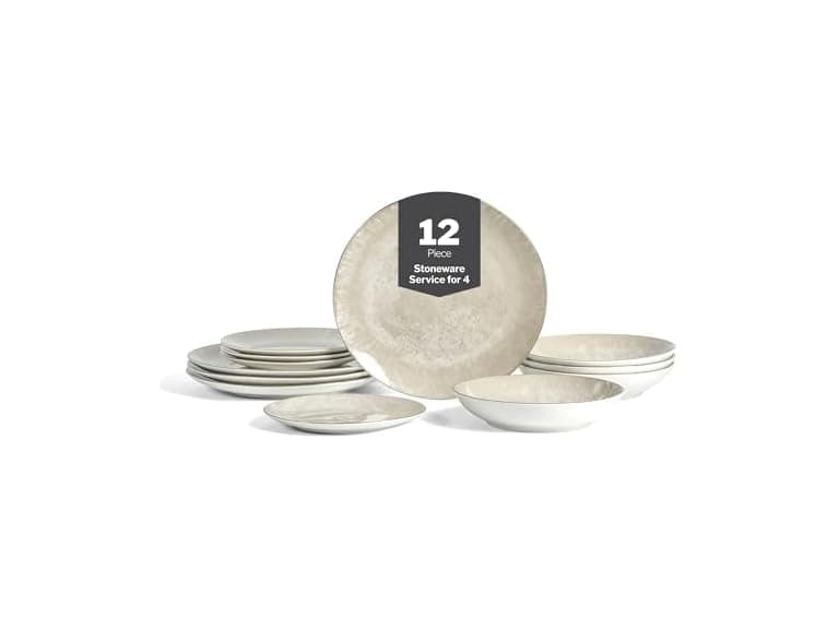 Christian Siriano Onyx 12-Piece Dinnerware Set Porcelain Beige and Gold - Image 1